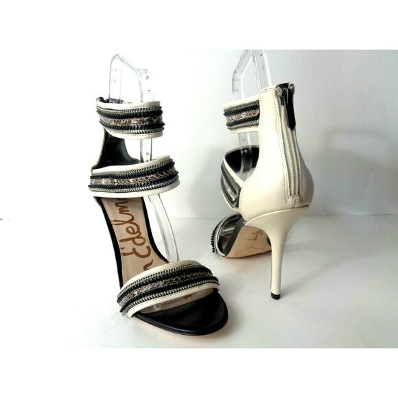 SAM EDELMAN Alton US 9.5M Cream Leather Gray Snake 2X Ankle Strap Stiletto Heels - Picture 1 of 7